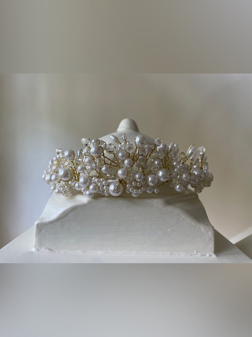 Pearl and Crystal Cluster Bridal Headband with Gold Wire